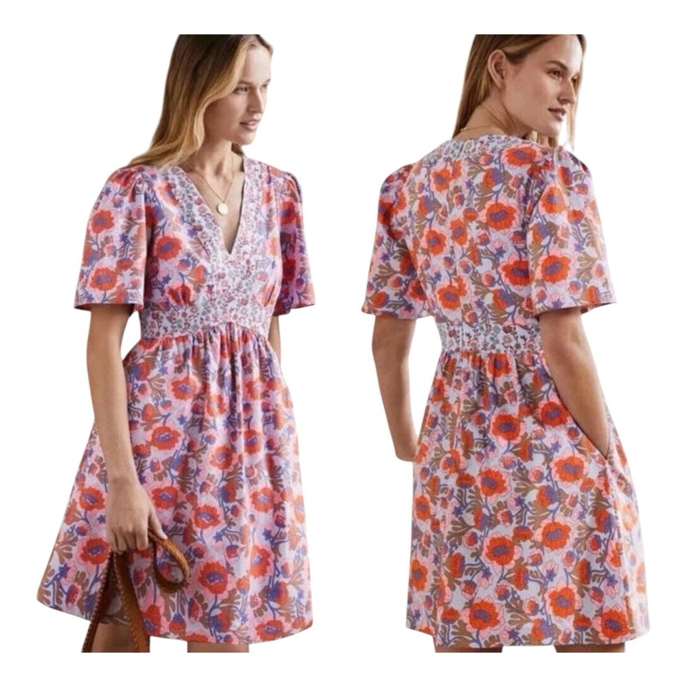BODEN V-Neck ContrastDetail Dress Blue with red Floral Sz 16/18 Vacation Resort